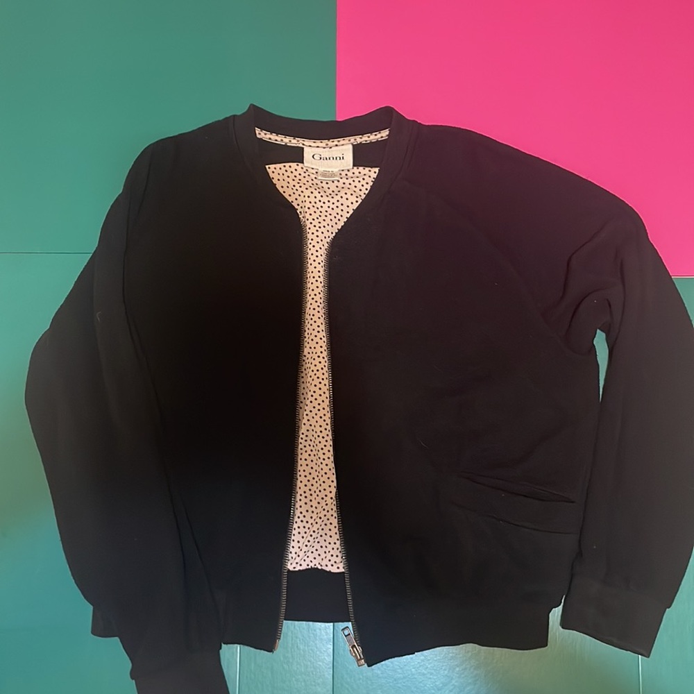 Ganni super soft lined bomber jacket black polka dot Medium Anthropologie